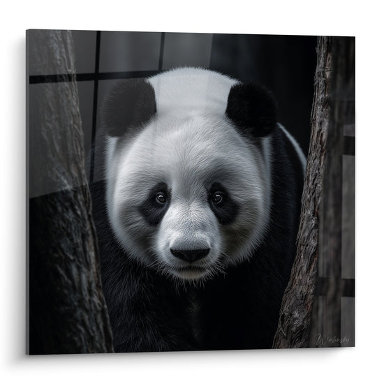 Panda au regard sombre entre deux troncs, pelage blanc et noir sculptural, lumière douce sur le museau