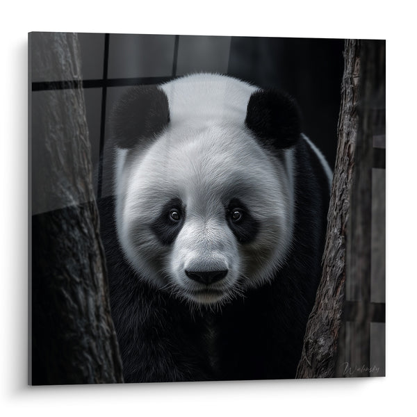 Tableau Panda noir et blanc entre deux troncs - Regard de la forêt - Edition Panda