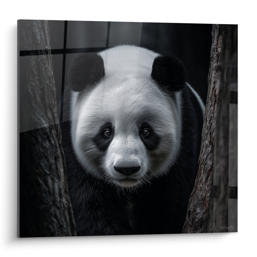 Tableau Panda noir et blanc entre deux troncs - Regard de la forêt - Edition Panda