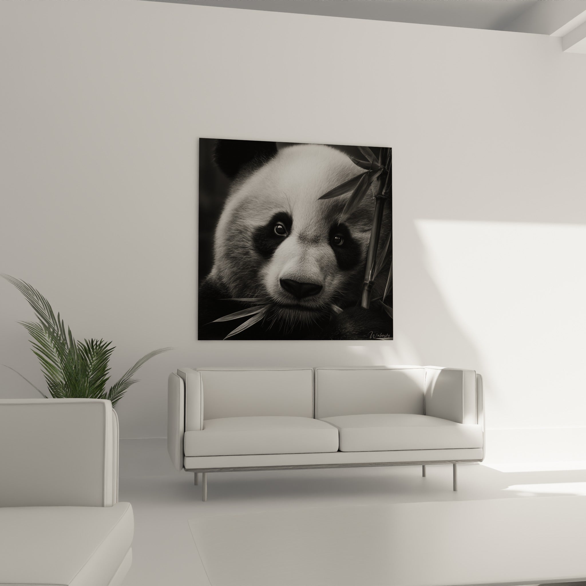 Yeux sombres de panda entourés de noir intense sur fond blanc, au-dessus d'un canapé dans un salon lumineux