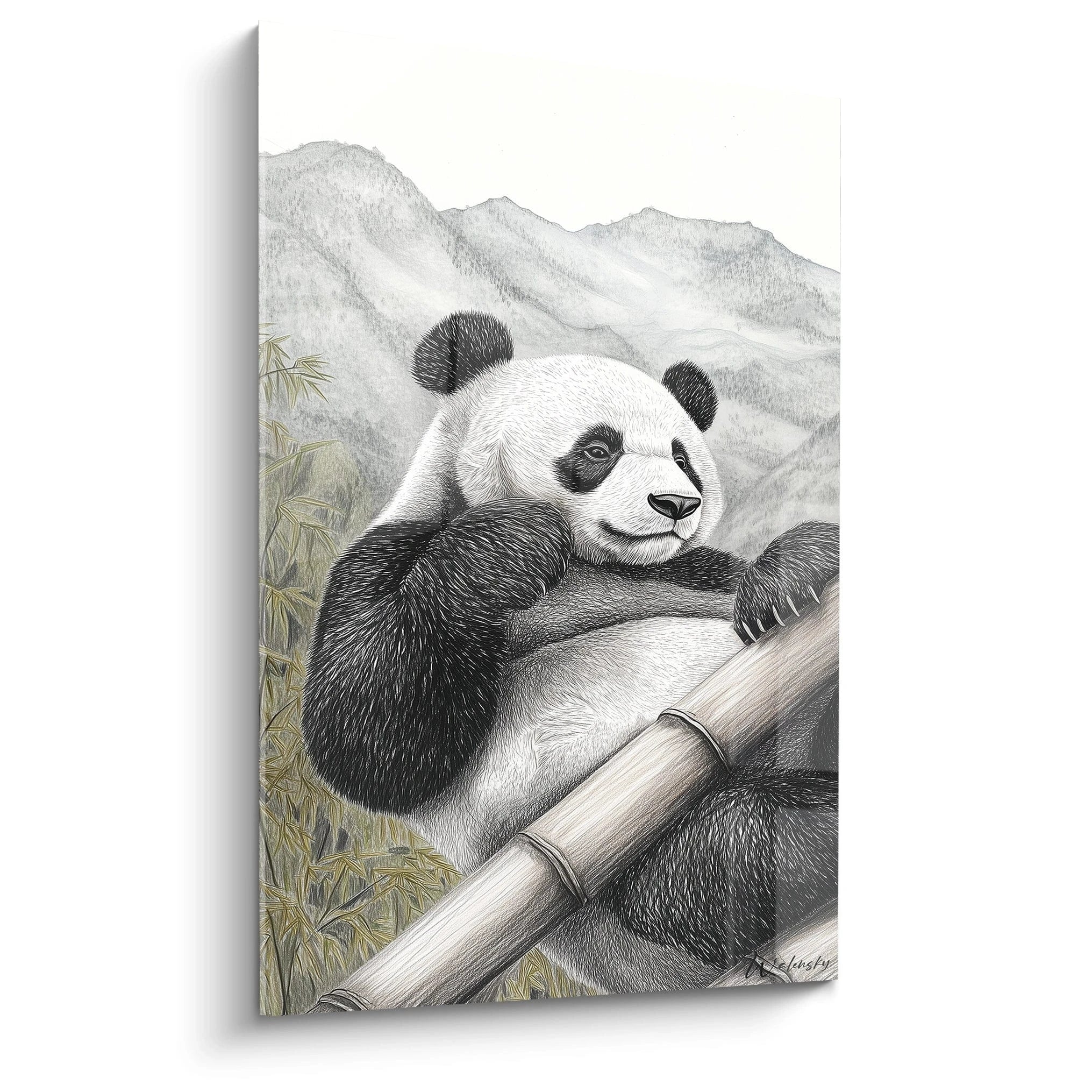 Tableau panda Walensky représentant un panda noir et blanc sur une branche de bambou en montagne