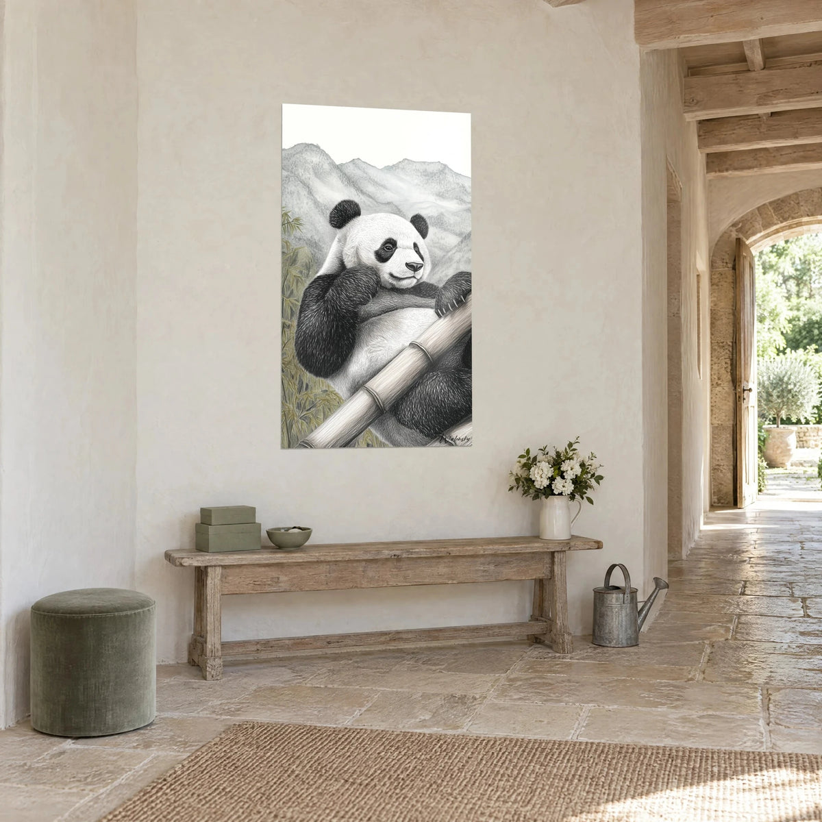 Wall art of a bamboo bear in pencil drawing, black and ivory fur, mountain mist, in a vaulted stone hallway