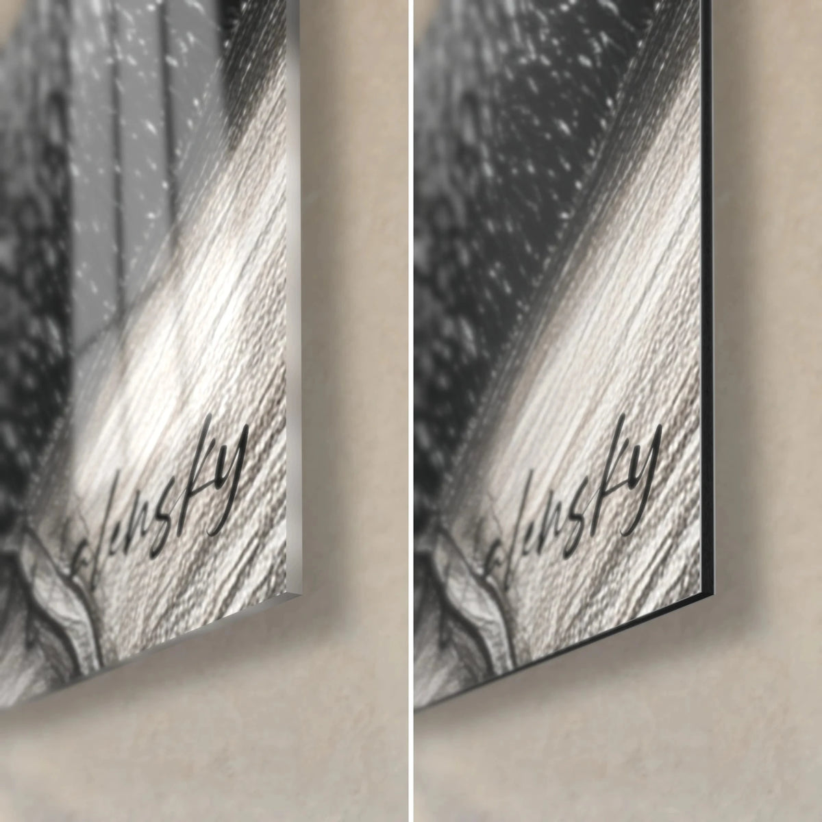 Wall art of a panda in pencil drawing, bottom right corner: glossy acrylic glass on the left, matte brushed Dibond aluminium on the right, 3 mm edge
