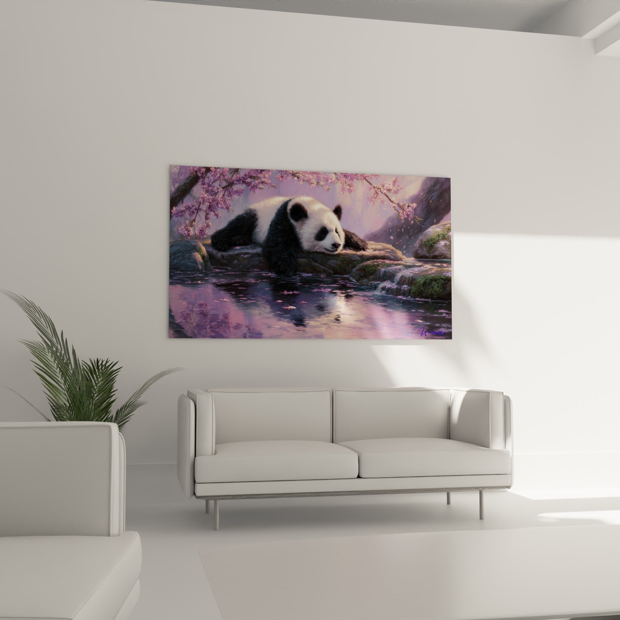 Panda paisible sous une pluie de pétales roses, accroché au-dessus d'un canapé dans un salon lumineux