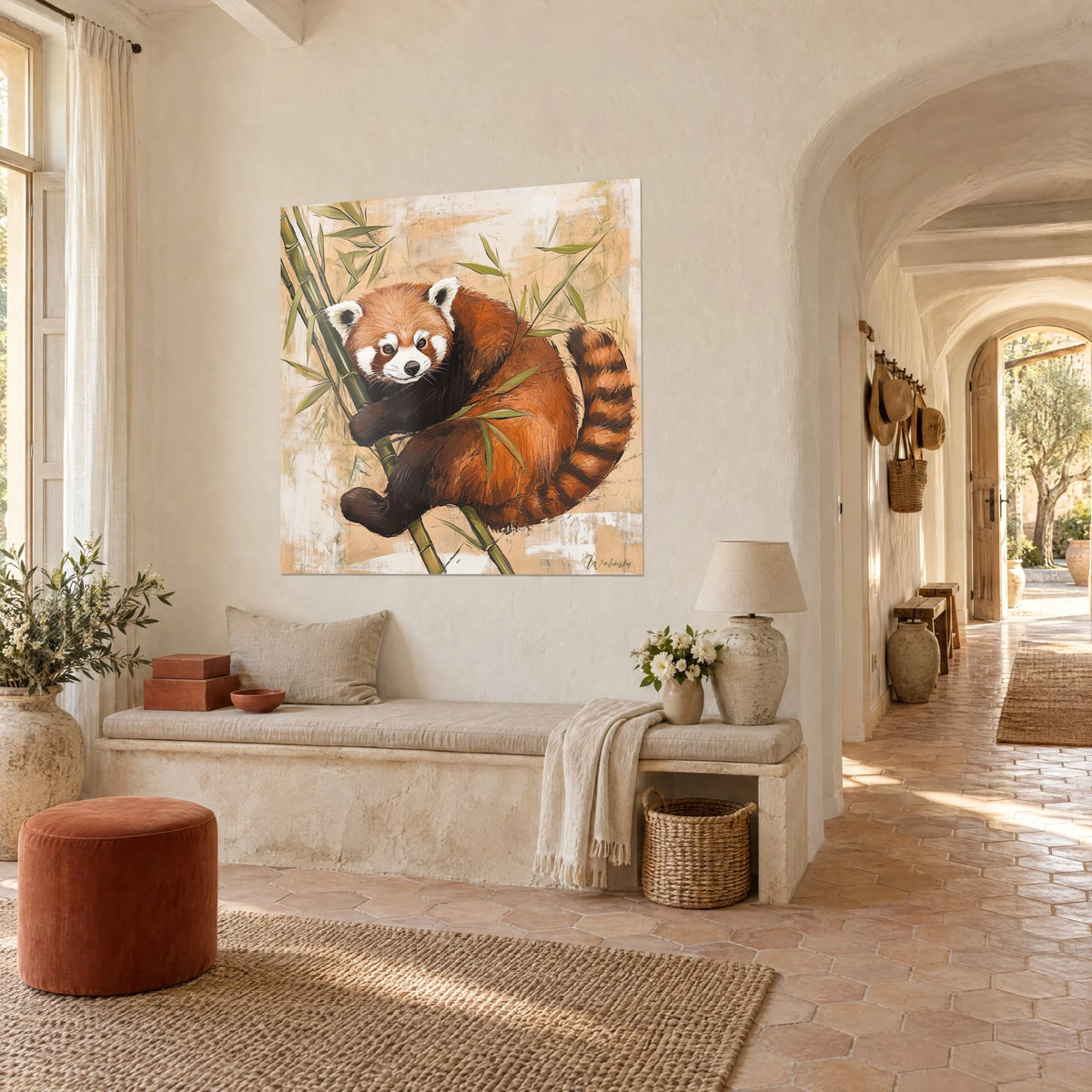 Wall art small red panda with a white facial mask, copper-brown ringed tail, green bamboo, in the arched doorway of a Provençal farmhouse