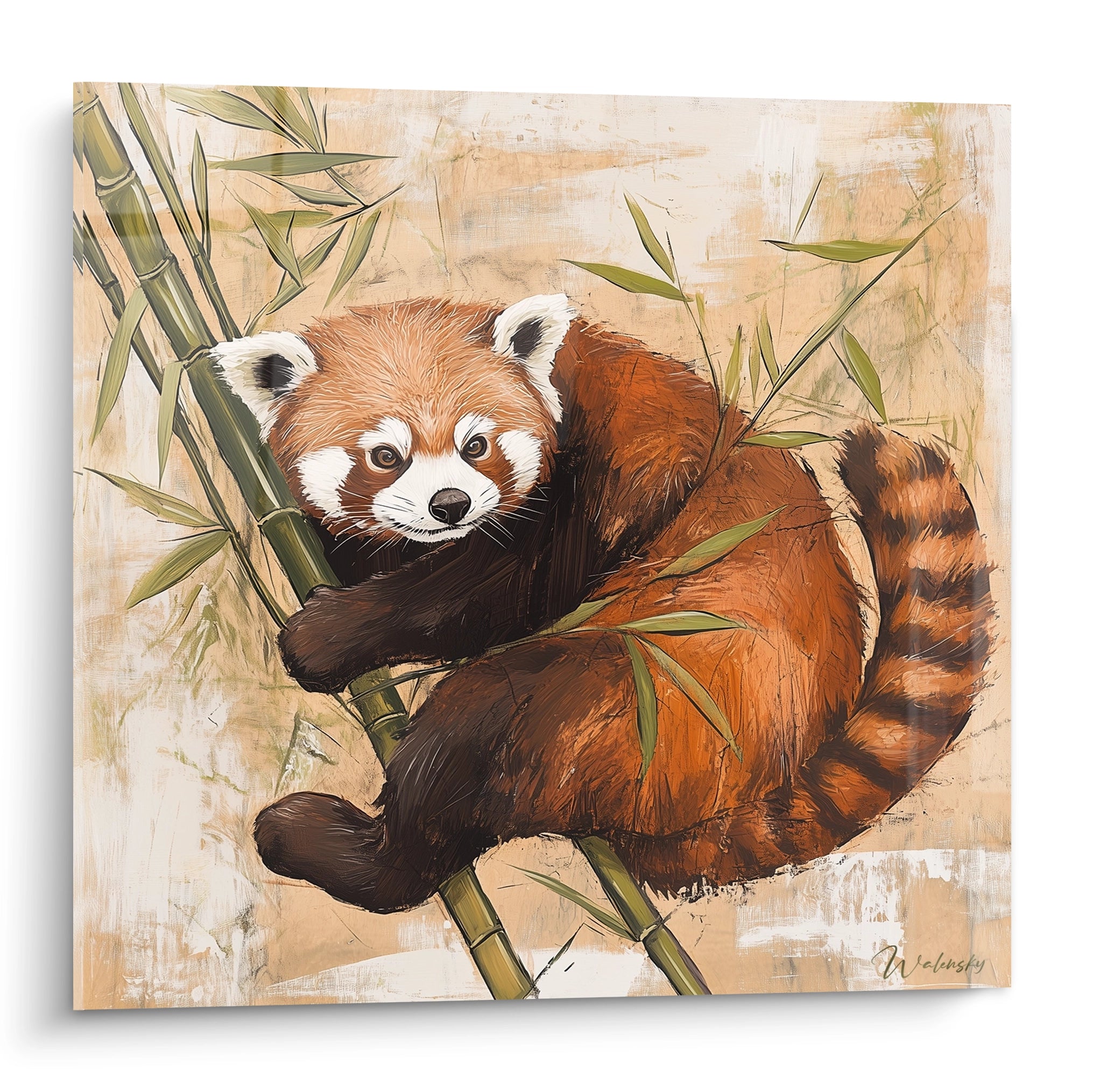 Tableau panda roux Walensky représentant un panda roux accroché à une tige de bambou