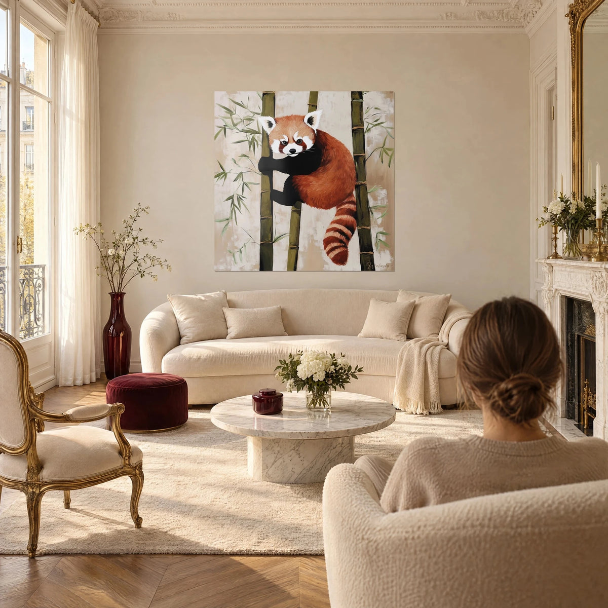 Schilderij rode panda die klimt in een bamboestengel, koperkleurige vacht en witte snuit, boven een bank in een lichte woonkamer