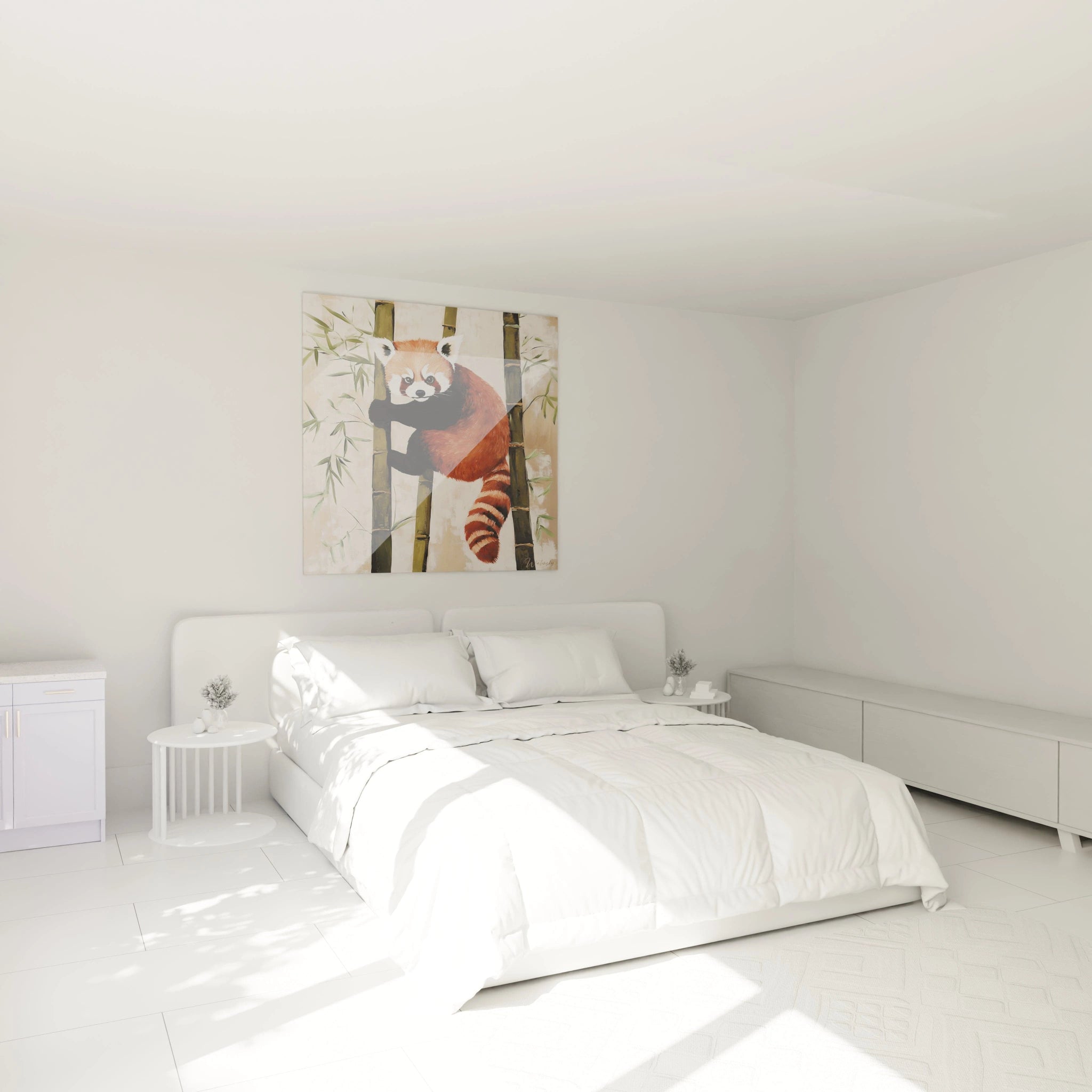 Tableau panda roux de Walensky accroché dans une chambre moderne au décor blanc minimaliste