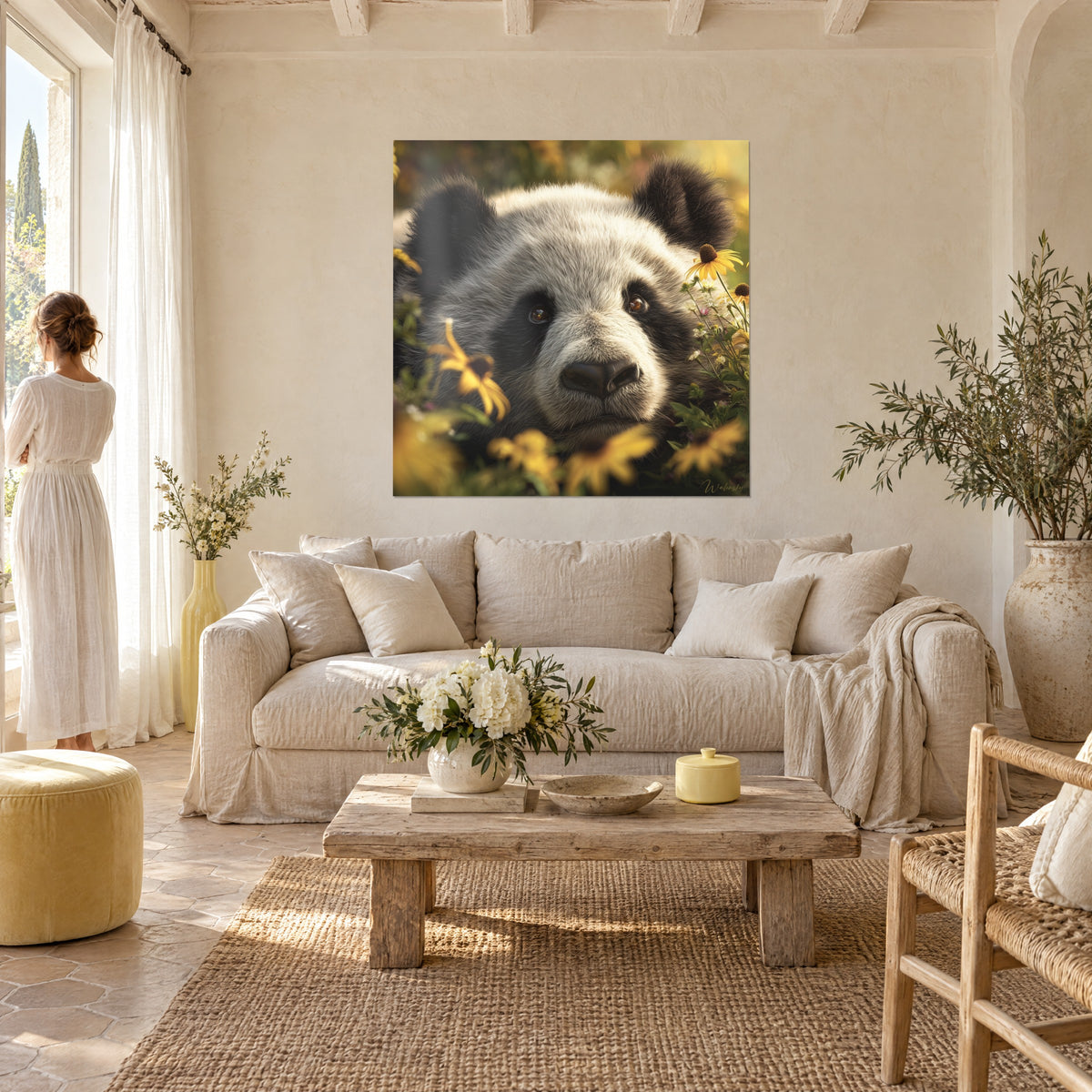 Tableau panda géant au pelage argenté parmi des rudbeckias jaunes, couple de dos, au-dessus d'un canapé dans un salon lumineux