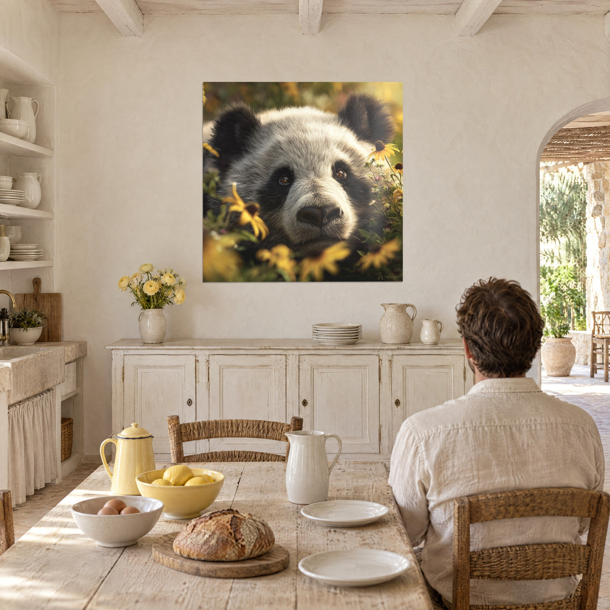Tableau ours panda niché dans des marguerites jaunes, homme de dos à une table de pain et de citrons, mas provençal