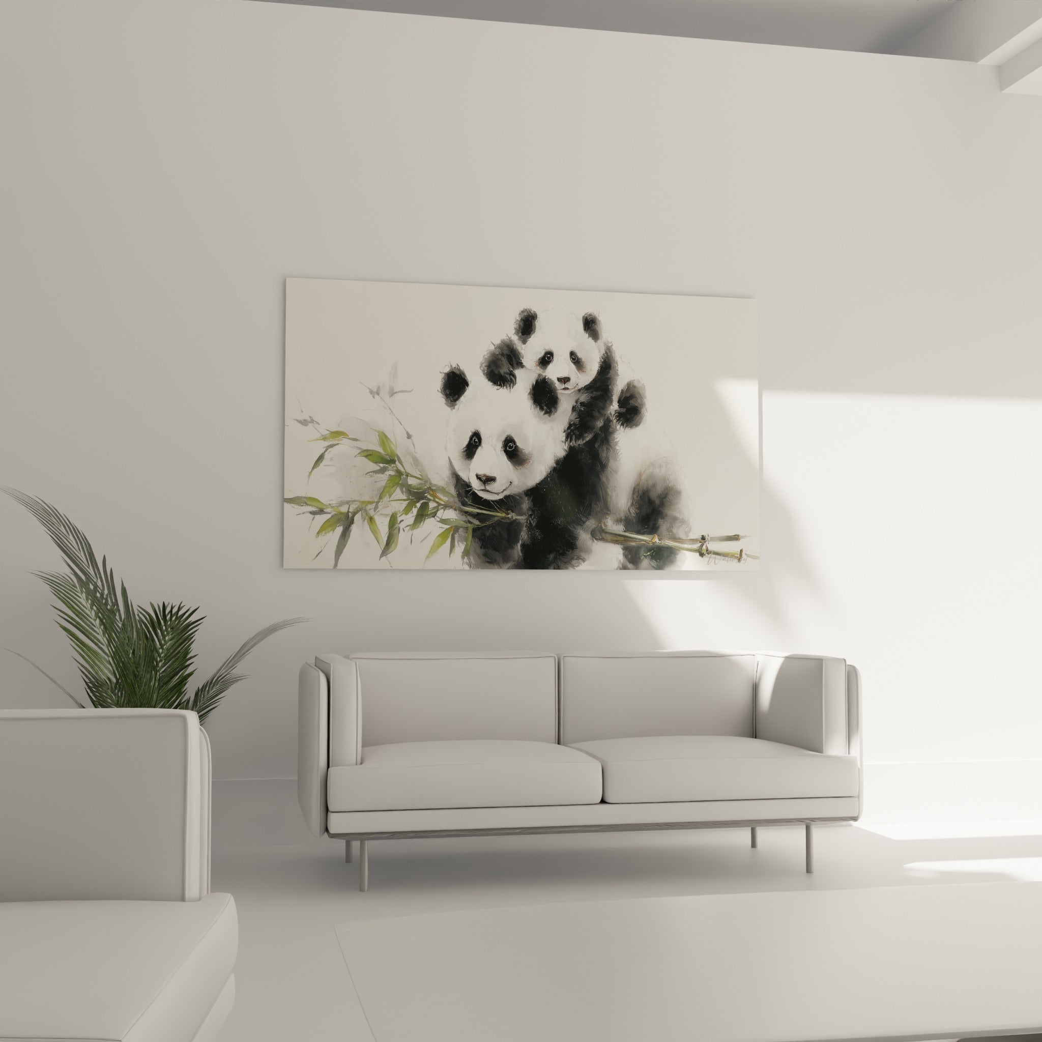 Panda et son petit tendrement blottis, bambou vert, au-dessus d'un canapé dans un salon lumineux