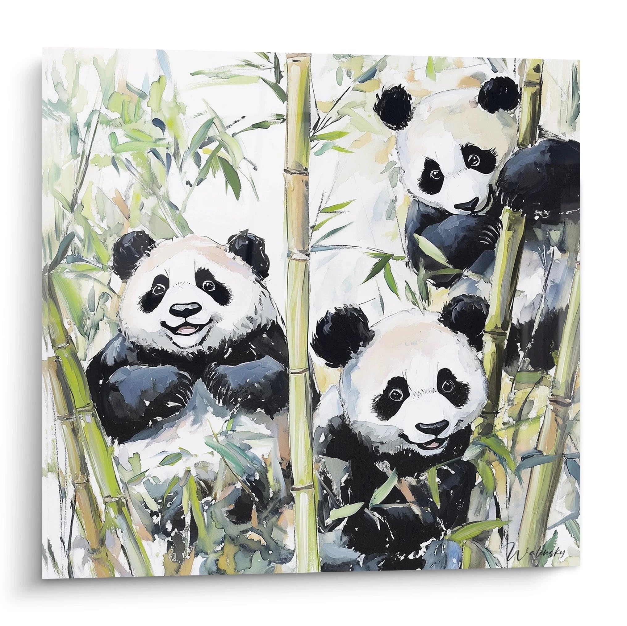 Tableau panda Walensky avec trois pandas mignons dans une forêt de bambous verts