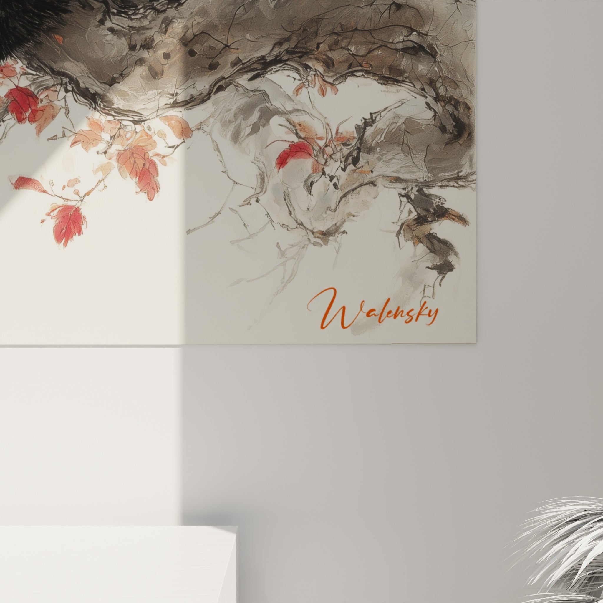 Détail des empâtements sur le pelage noir et blanc du panda et des touches rouges des feuilles