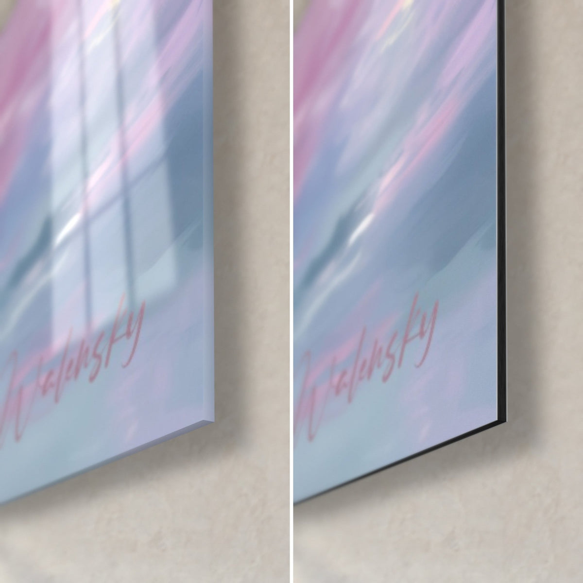 Wall art Panda beneath cherry trees, bottom right corner: glossy blue and pink glass on the left, matte black Dibond on the right