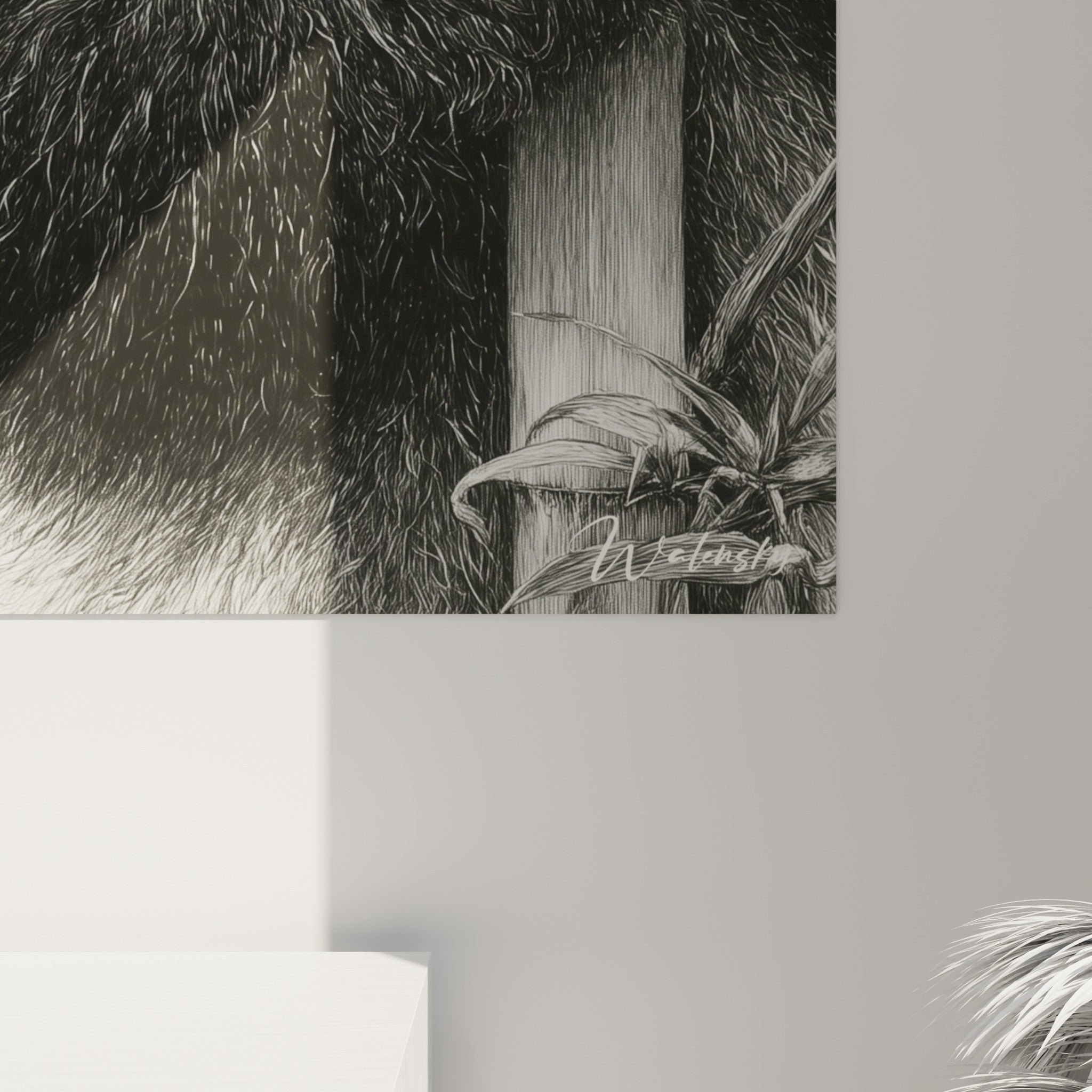 Détail du pelage texturé anthracite et blanc du panda, traits fins et grain crayonné visibles de près