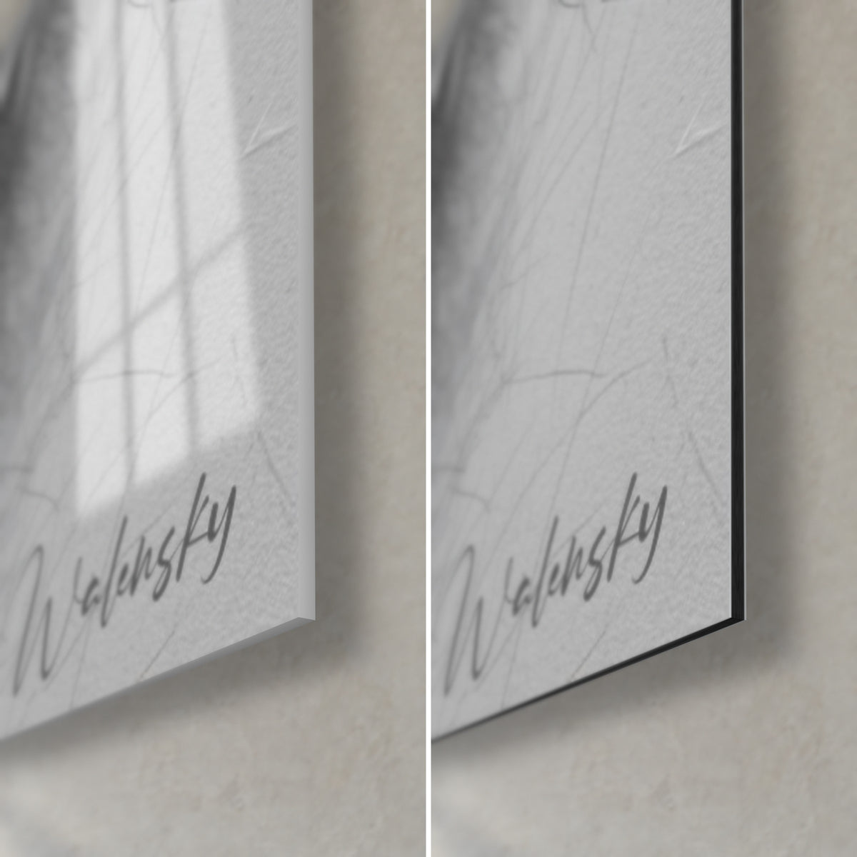 Schilderij panda getekend, rechtsonder: grijze Walensky-handtekening op glanzend glas links, mat wit Dibond en kant rechts