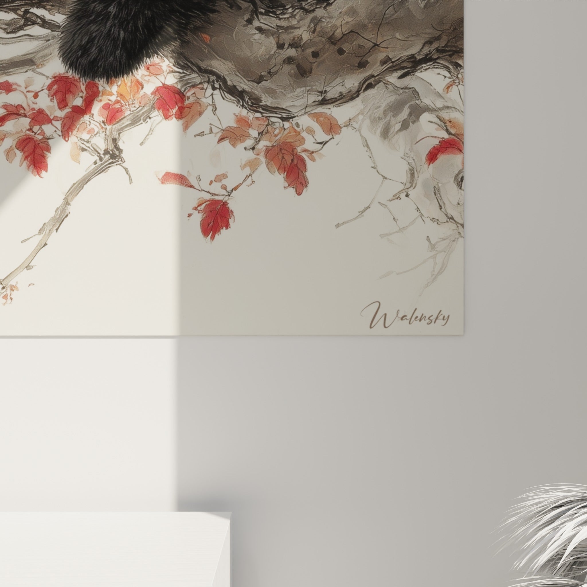 Empâtements fins révélant le pelage noir et blanc du panda et les nuances rouille des feuilles