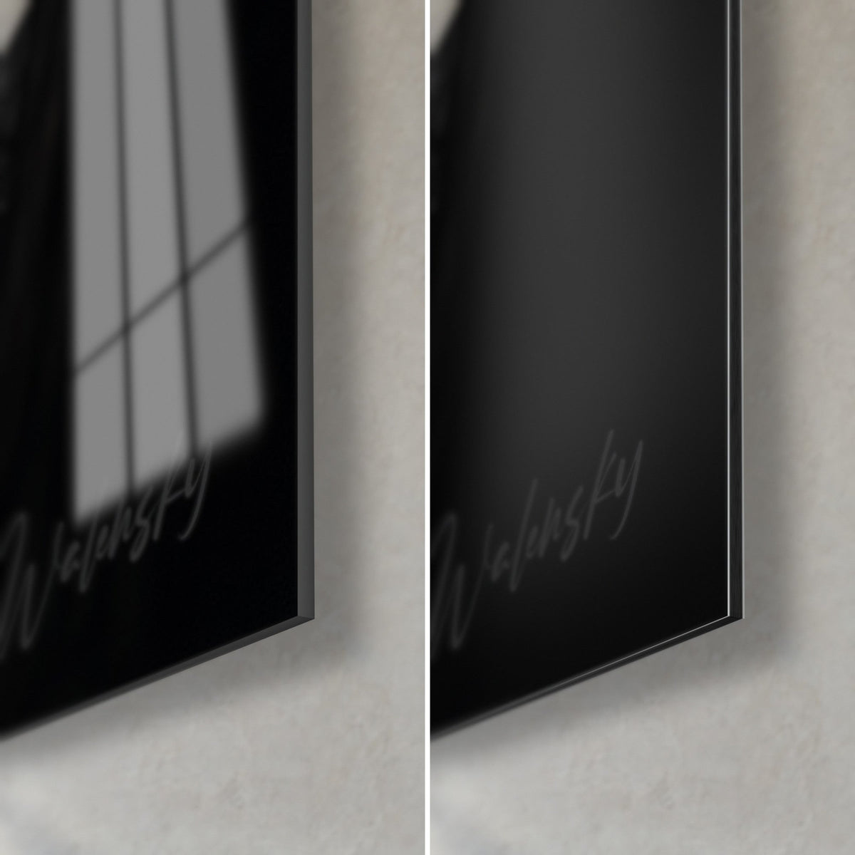 Quadro panda con muso bianco e nero, angolo in basso a destra: vetro acrilico lucido con riflessi, alluminio Dibond opaco, bordo nero da 3 mm
