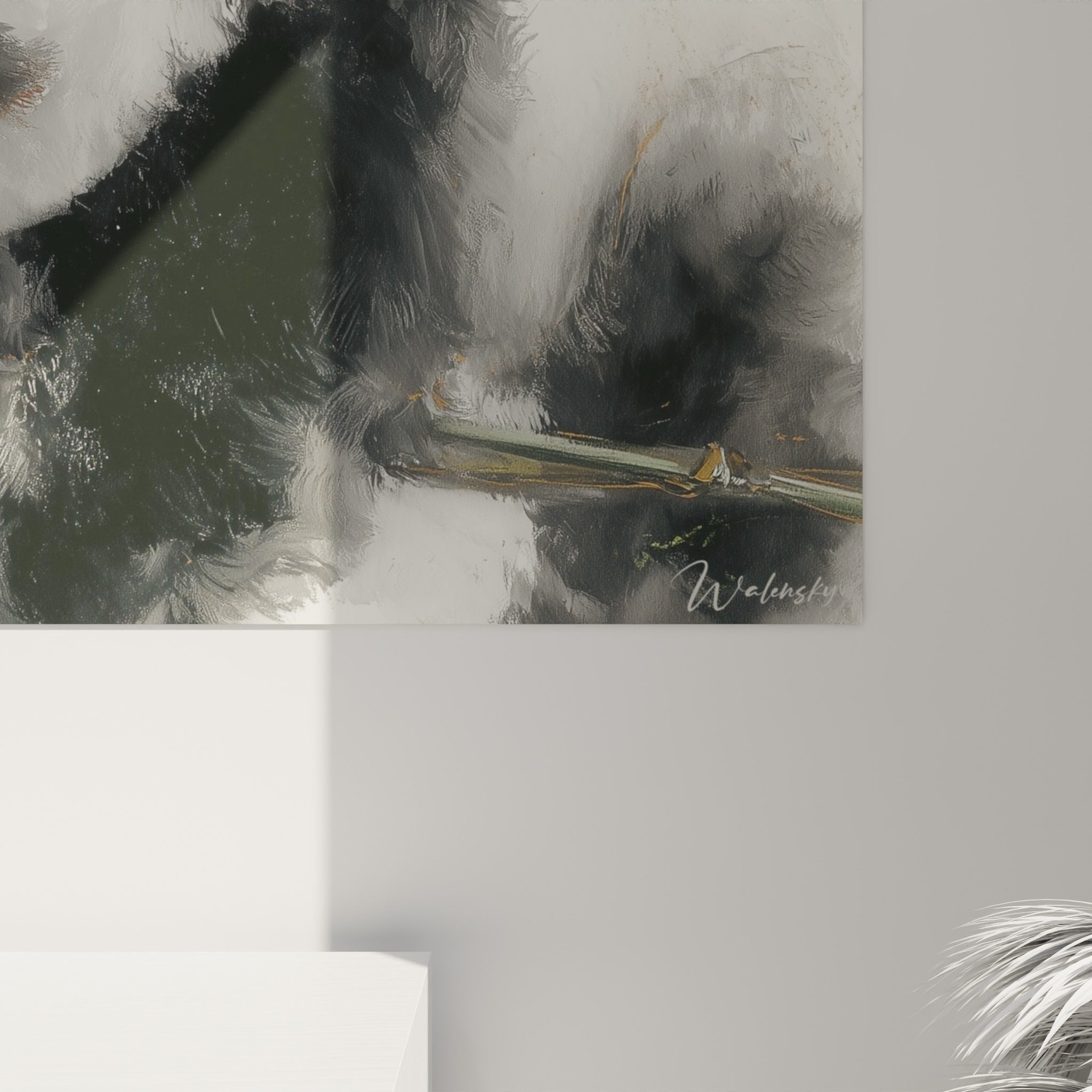 Empâtements de peinture visibles sur le pelage noir et blanc des pandas et le bambou vert