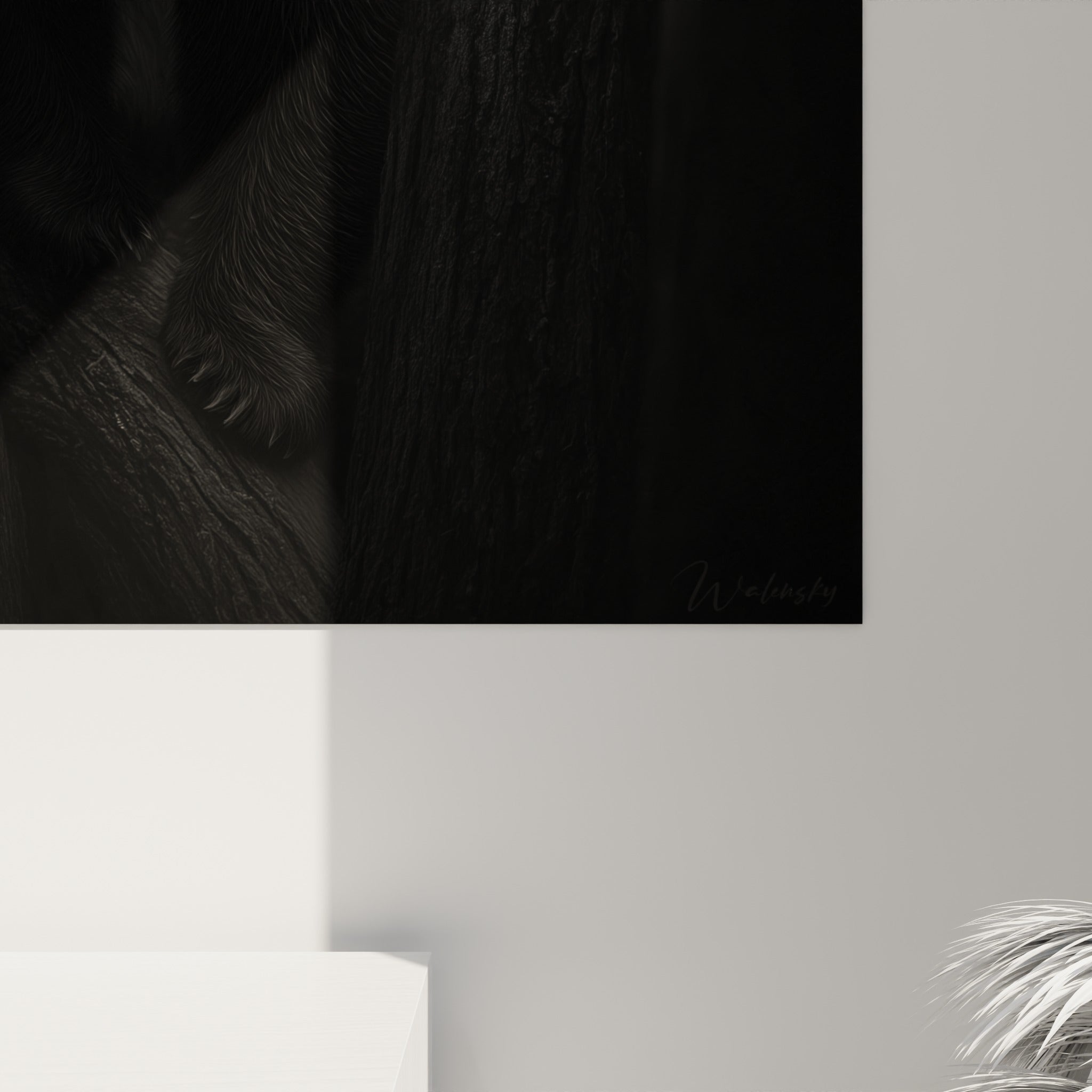 Détail du pelage blanc et noir du panda, grain de l'impression révélant la texture de l'écorce sombre