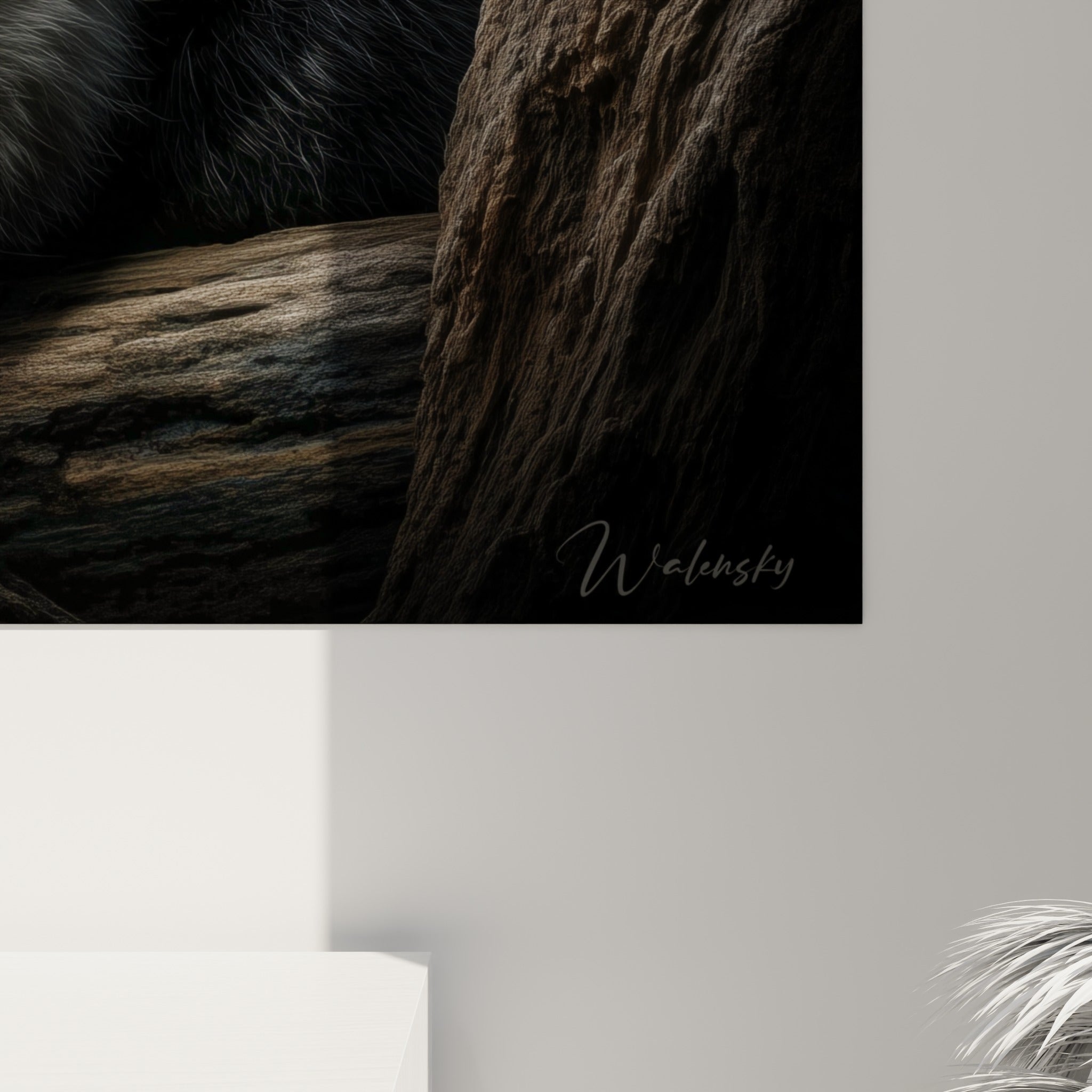 Grain du pelage blanc et noir du panda, empâtements gris et bruns visibles de près sur la toile