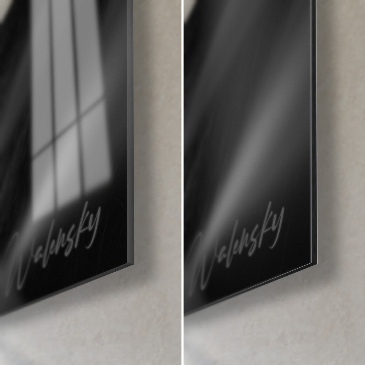 Wall art black and white panda, bottom right corner: glossy acrylic glass with reflections on the left, matt black Dibond aluminium on the right, 3 mm edge