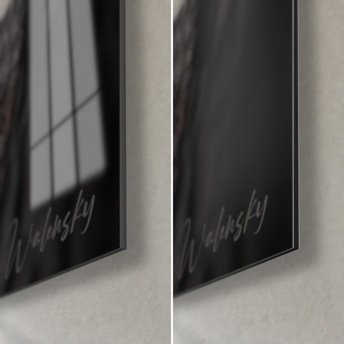 Schilderij Zwart-witte panda, rechtsonder: glanzend acrylglas met vensterreflecties, mat grijs Dibond, rand van 3 mm, Walensky