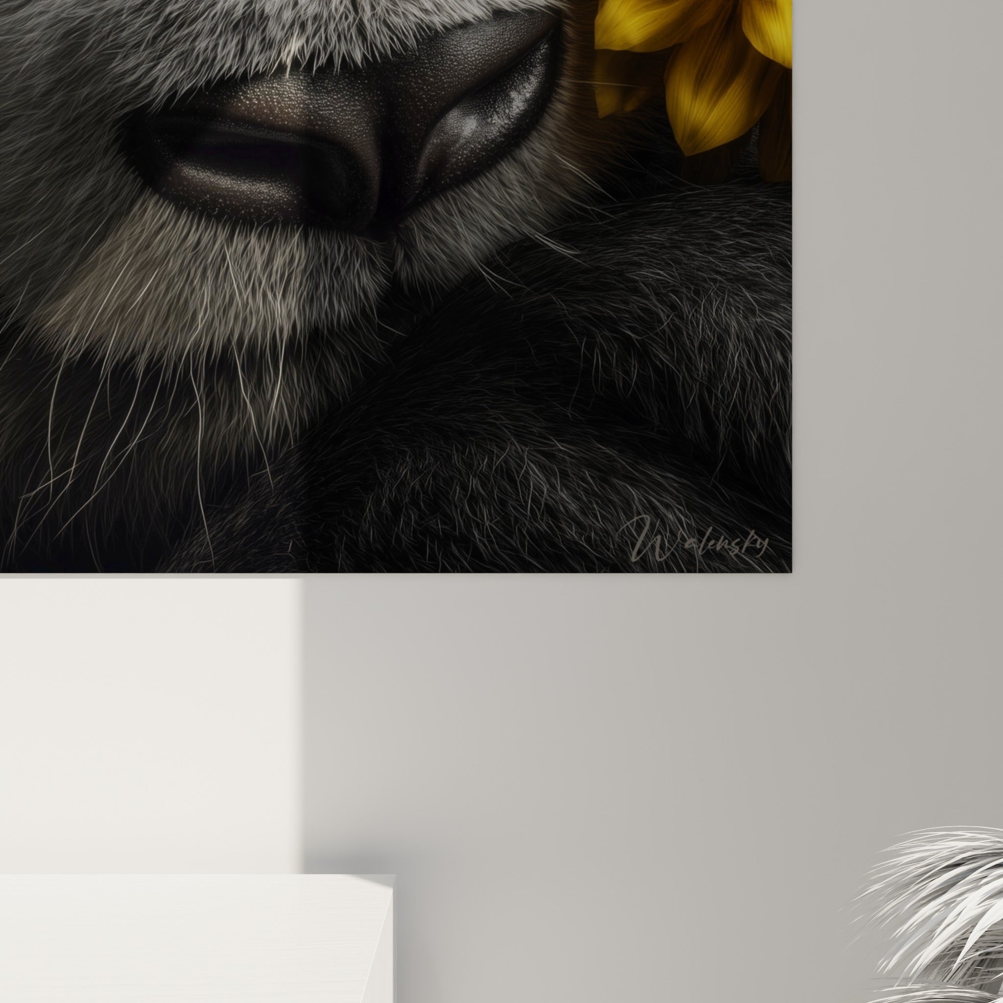Empâtements sur le pelage blanc et noir du panda, pétales jaunes texturés du tournesol en gros plan