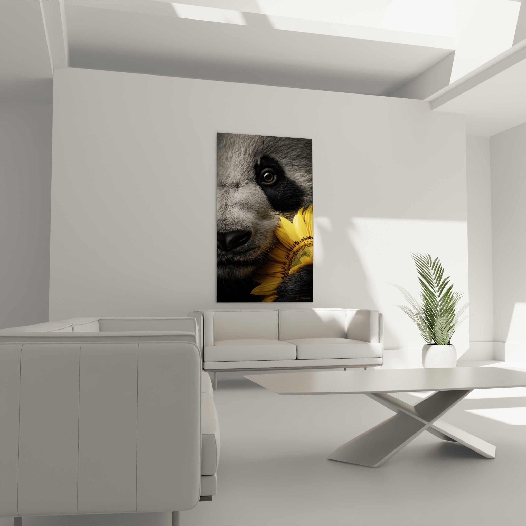 Visage de panda contrasté et tournesol jaune éclatant, au-dessus d'un canapé dans un salon lumineux