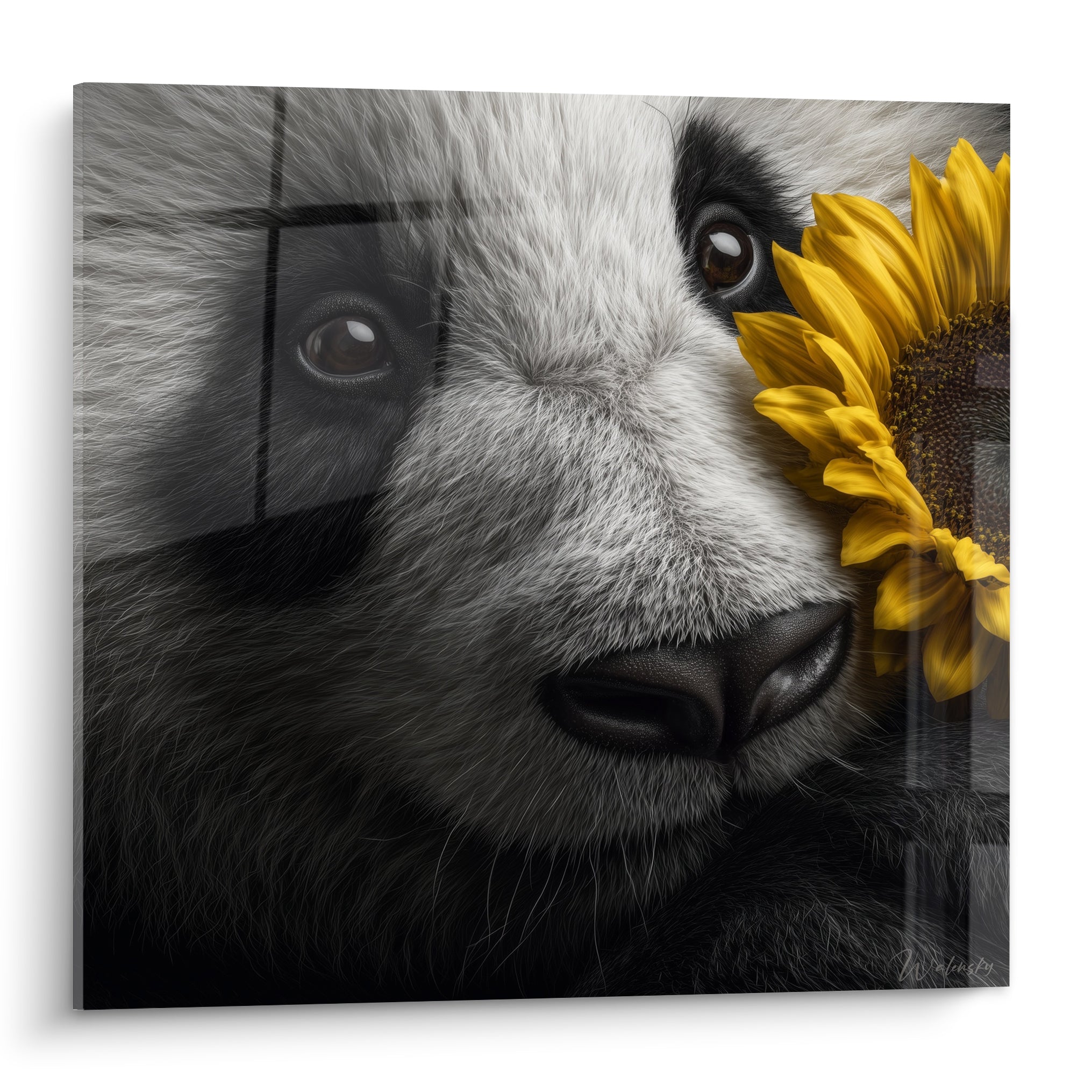 Panda au regard brun intense, pelage noir et blanc, tournesol jaune posé contre son museau