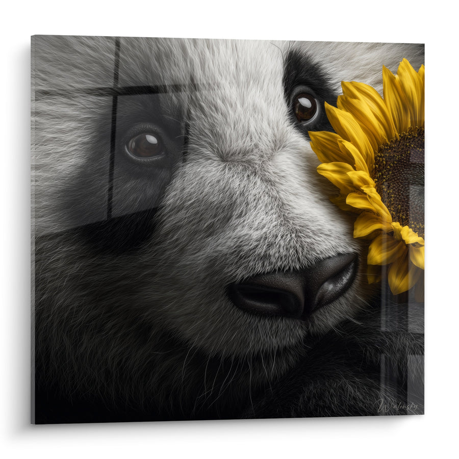 Tableau Panda noir et blanc au tournesol jaune - Douceur sauvage - Edition Panda