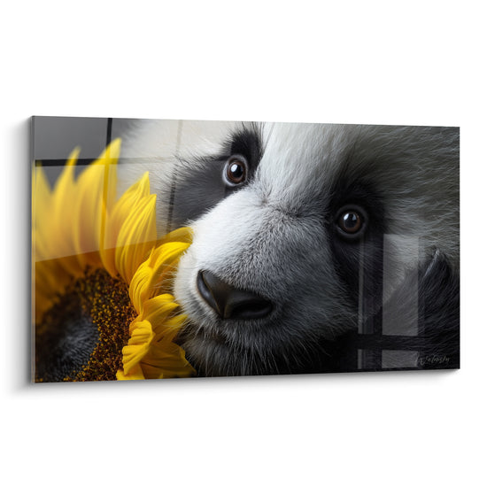 Panda aux yeux bruns intenses blotti contre un tournesol jaune sur fond gris anthracite