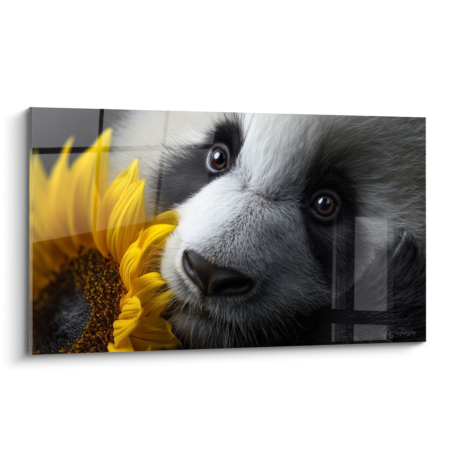 Tableau Panda blotti contre un tournesol jaune - Tendre timidité - Edition Panda