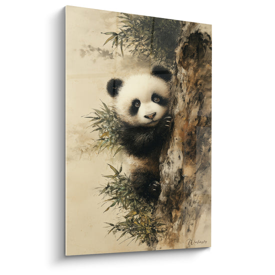 Tableau Panda grimpant à un tronc brun - Escapade dans les bambous - Edition Panda