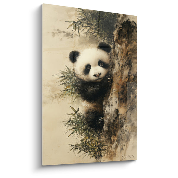 Tableau Panda grimpant à un tronc brun - Escapade dans les bambous - Edition Panda