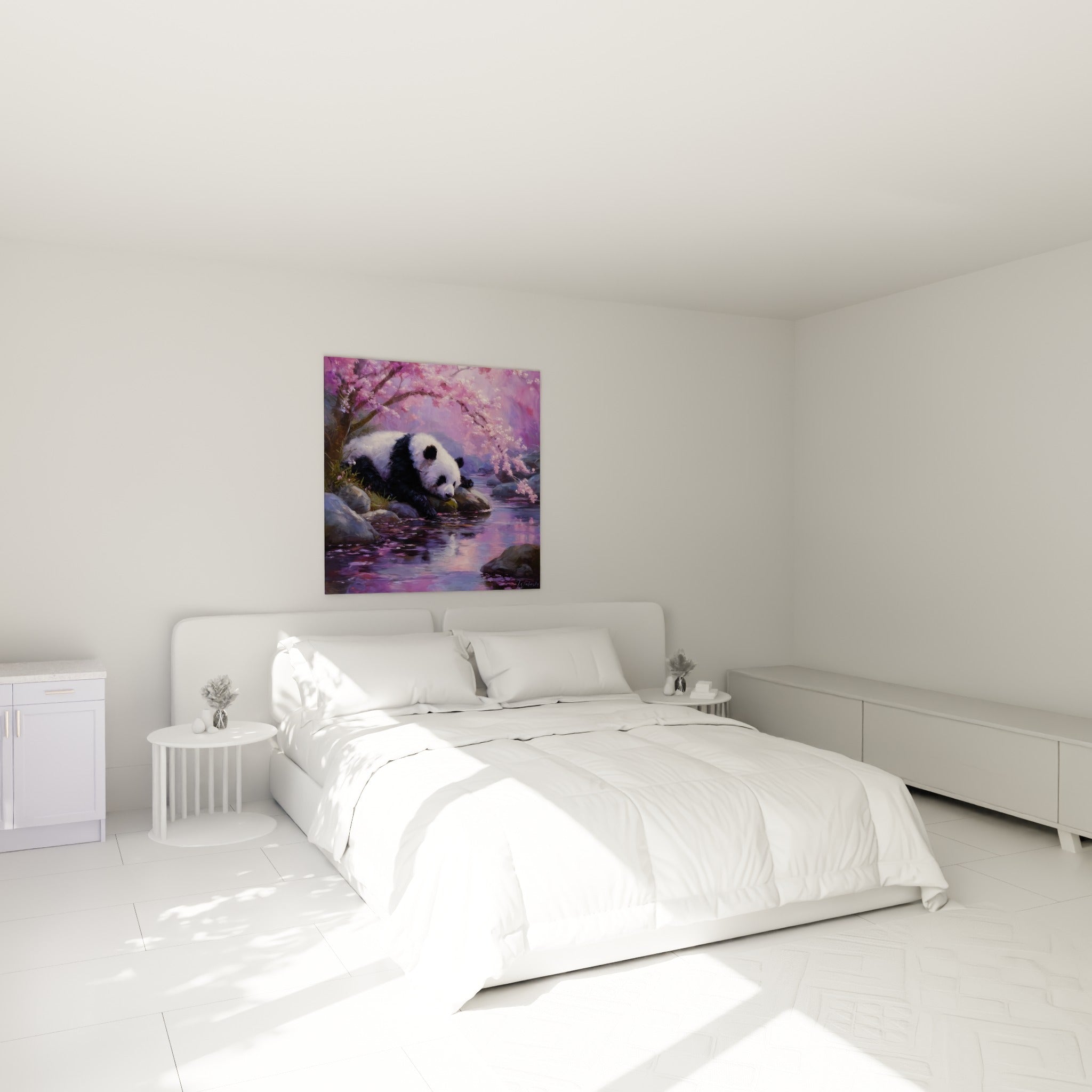 Panda endormi près d'une rivière mauve et rose, accroché au-dessus d'un lit dans une chambre claire