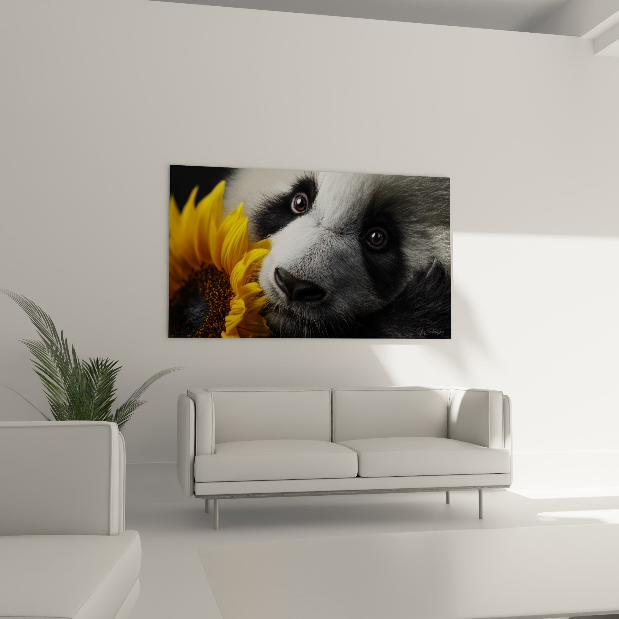 Regard doux du panda entre pétales jaunes et pelage gris, au-dessus d'un canapé dans un salon lumineux