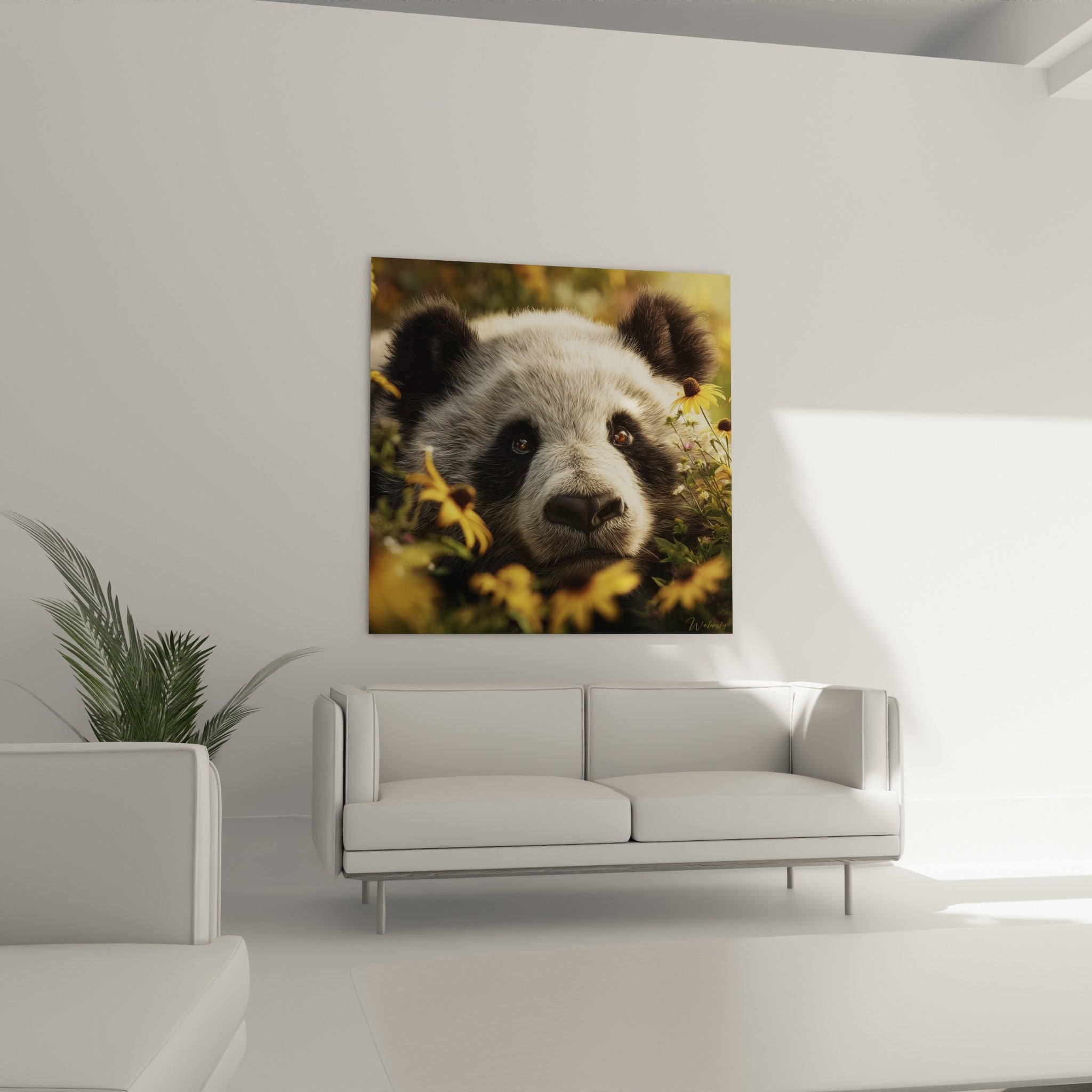 Yeux bruns intenses du panda parmi le feuillage vert, présenté au-dessus d'un canapé dans un salon lumineux