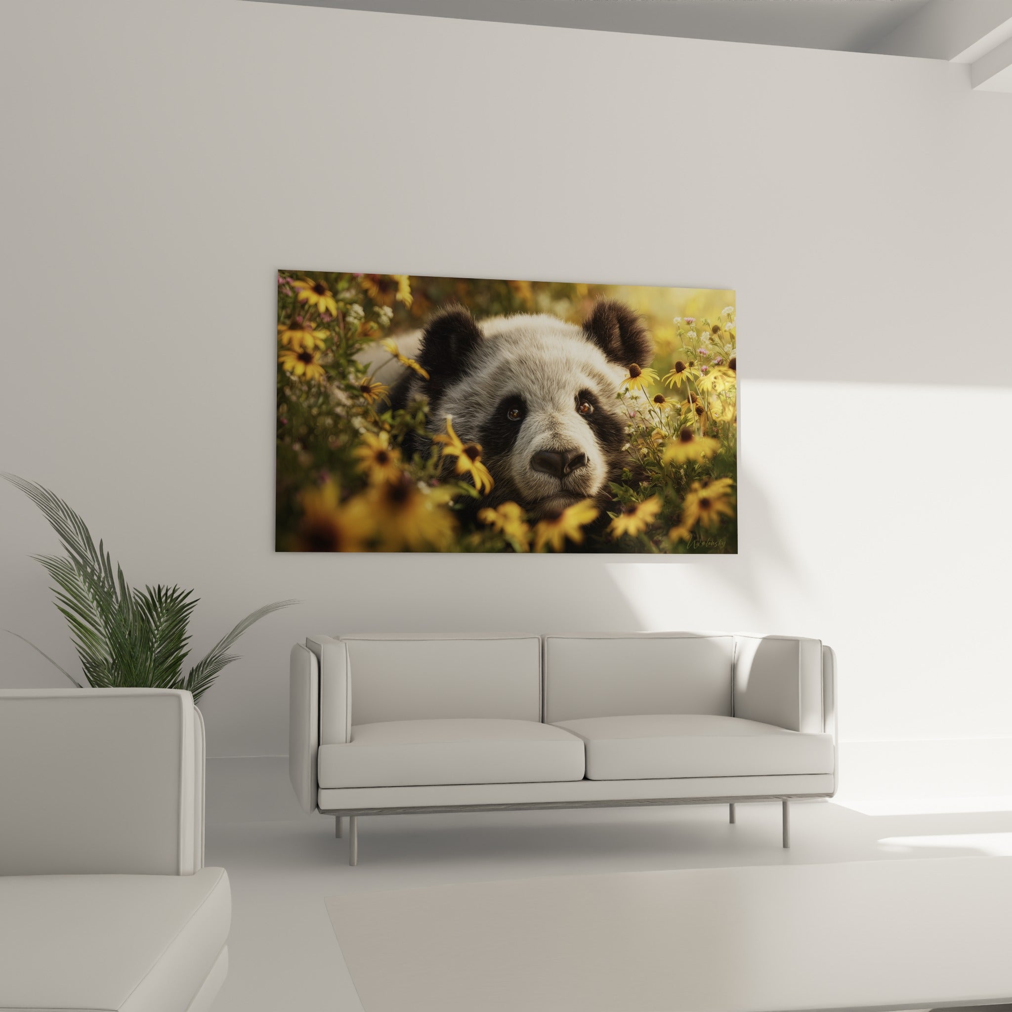 Yeux bruns du panda entouré de vert tendre et jaune doré, au-dessus d'un canapé dans un salon lumineux