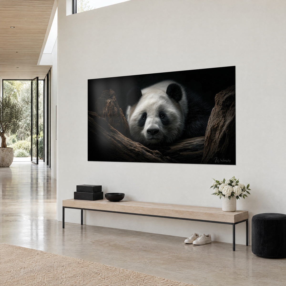 Obraz niedźwiedź bambusowy o ciemnych oczach obramowanych czernią, węglowy pysk na tle z atramentu, biała ściana i jasna drewniana ława
