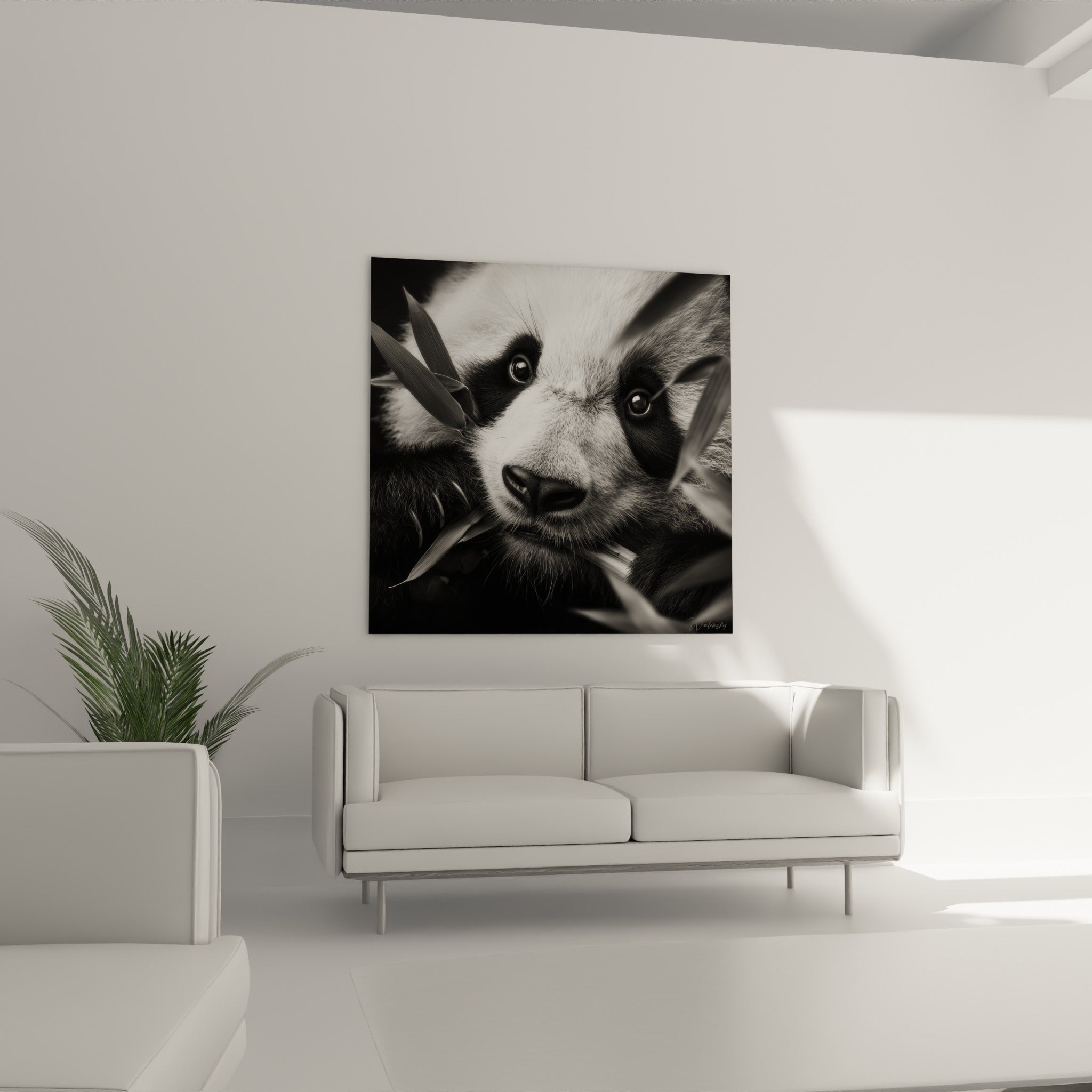 Yeux sombres du panda cerclés de noir intense, tableau placé au-dessus d'un canapé dans un salon lumineux