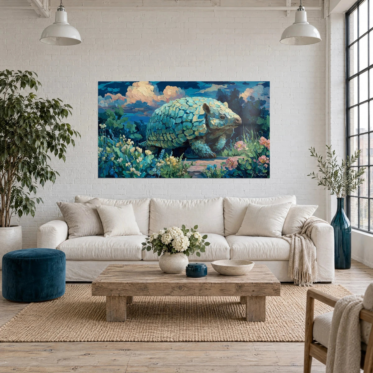 Tableau glyptodon aux écailles turquoise et crème, parmi fleurs roses et jaunes, au-dessus d'un canapé dans un salon lumineux