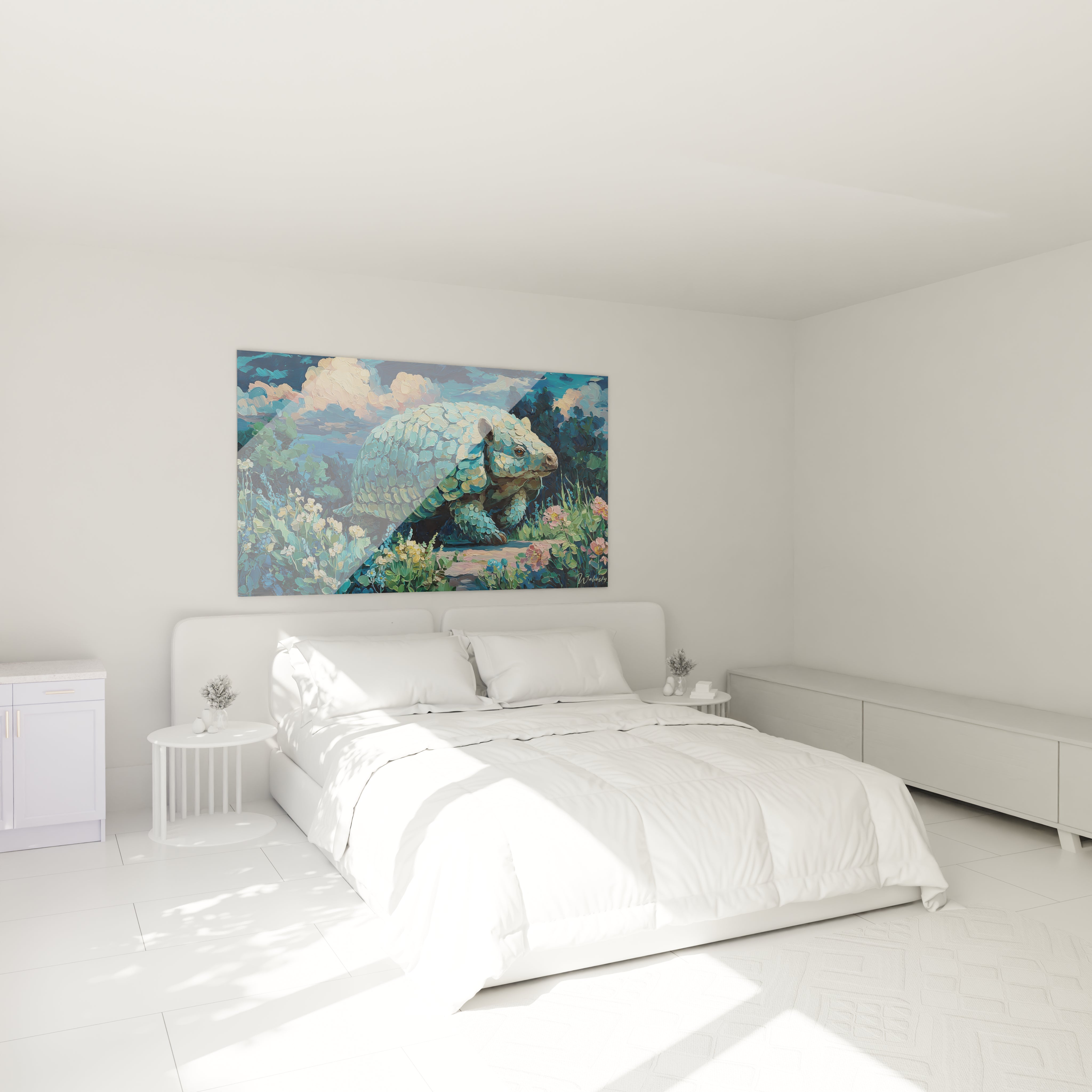 Ambiance chambre avec tableau mural pangolin turquoise décoratif - art contemporain Glyptodon