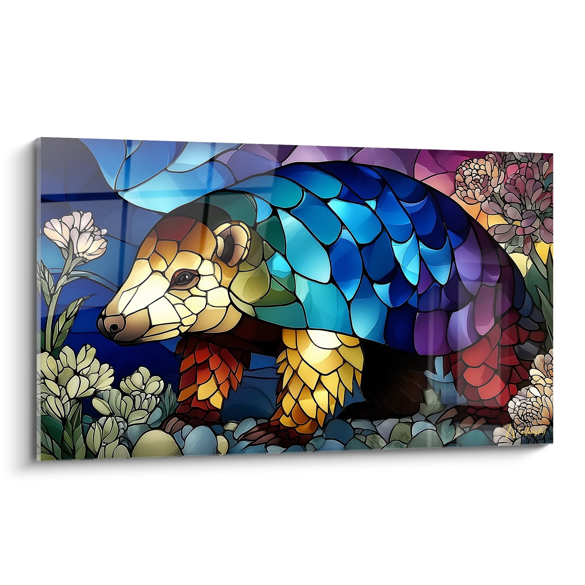 Tableau pangolin style vitrail aux écailles multicolores bleus violets dorés avec fleurs