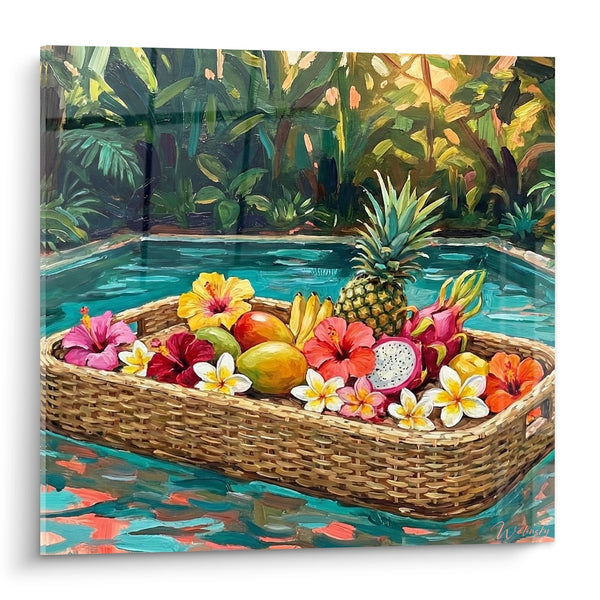 Tableau Panier Flottant aux Fruits Exotiques et Hibiscus sur Eaux Turquoise - Délices Tropicaux - Edition Bali