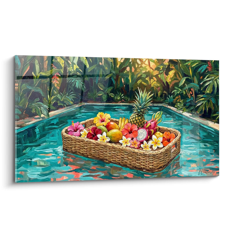 Gemälde Korb mit tropischen Früchten und exotischen Blüten auf türkisem Pool - Tropische Flucht - Bali Edition