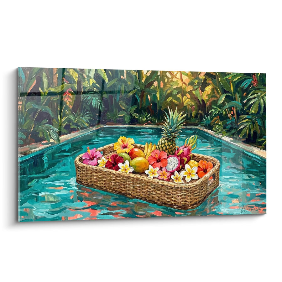 Tableau panier de fruits tropicaux et fleurs exotiques flottant sur piscine turquoise - Évasion Tropicale - Edition Bali