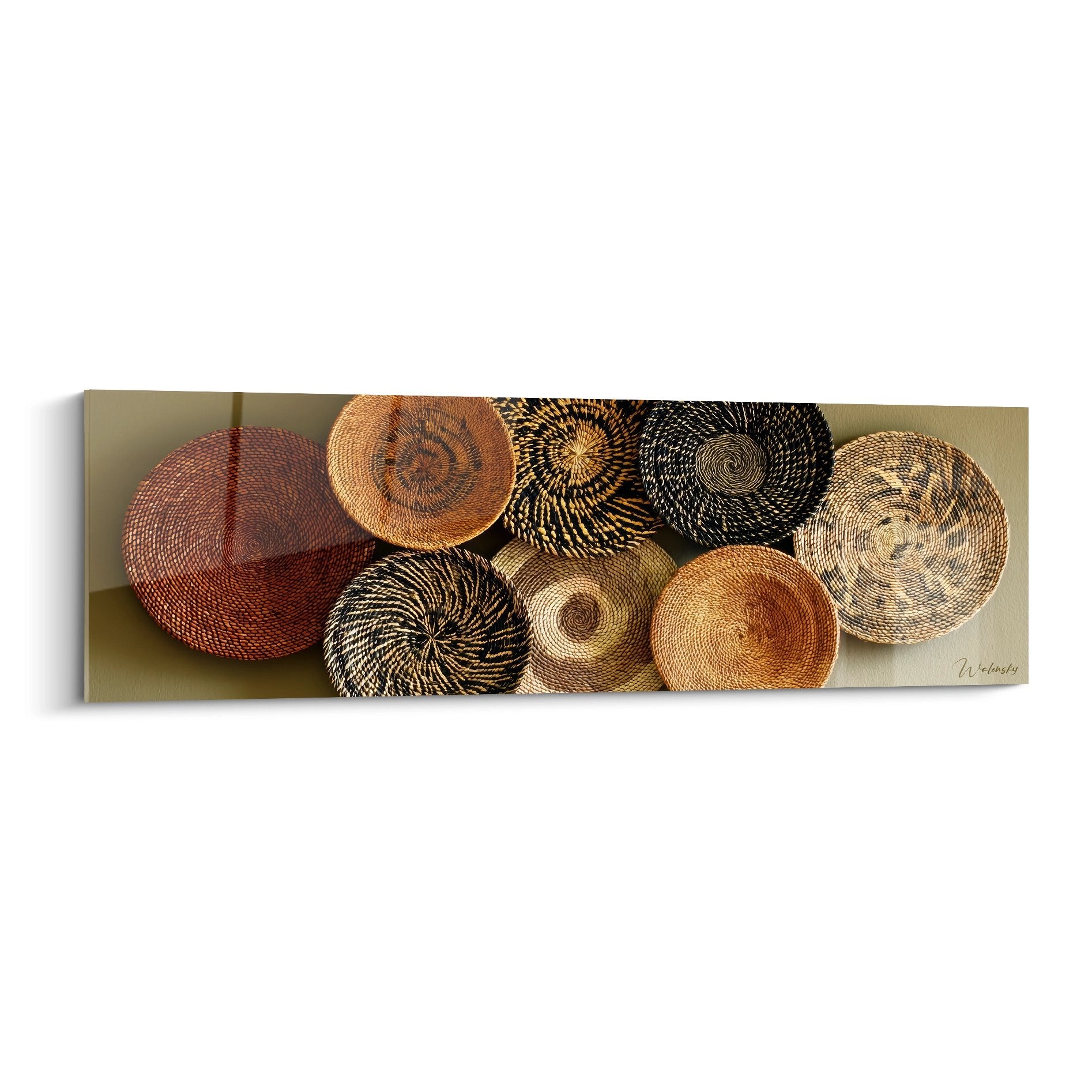 Tableau mural paniers africains traditionnels aux motifs géométriques et couleurs naturelles authentiques