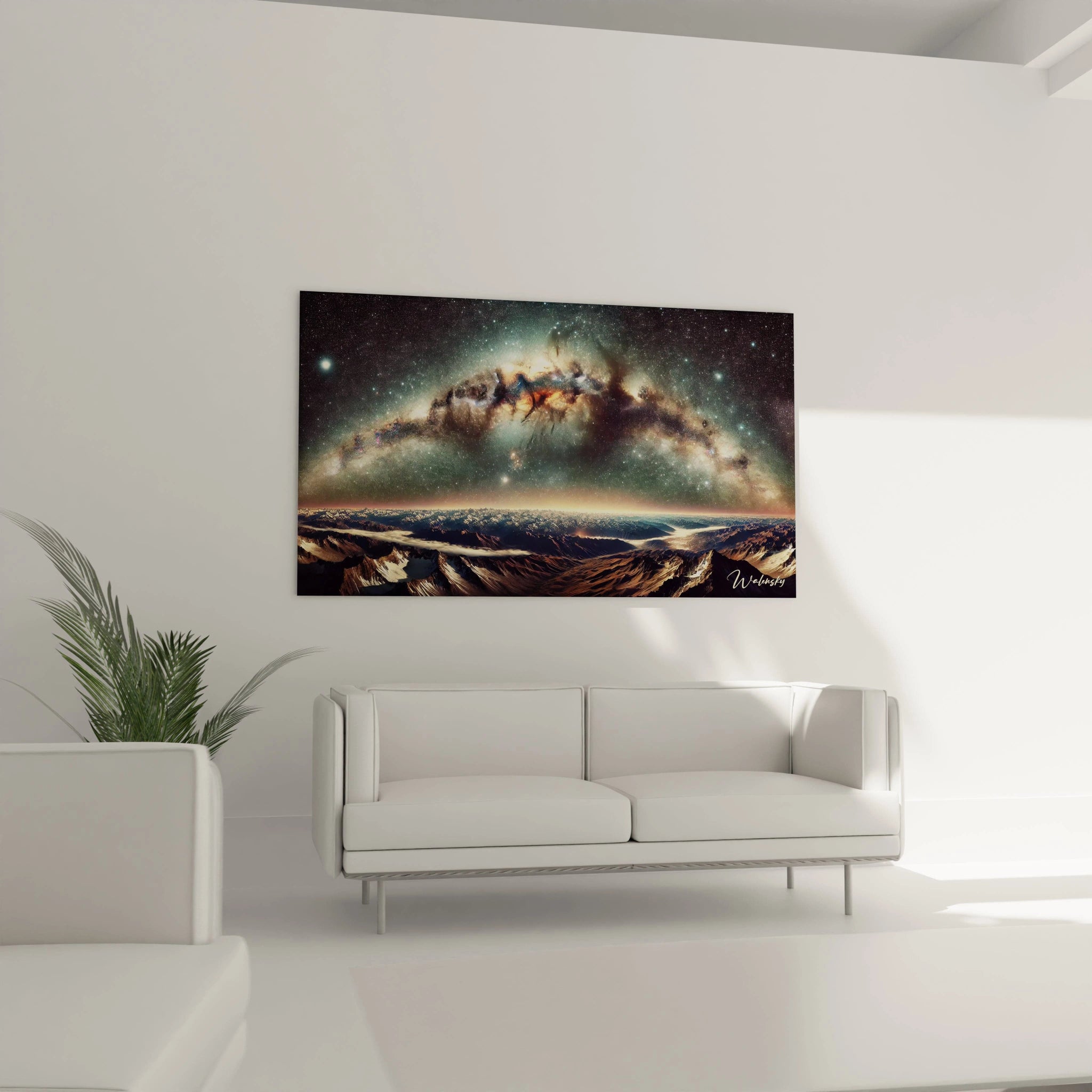 Tableau espace dans un salon : Ce tableau espace illumine le mur au-dessus du canapé, ses couleurs marine et or apportent une touche élégante, tandis que la galaxie capturée inspire rêve et contemplation.

