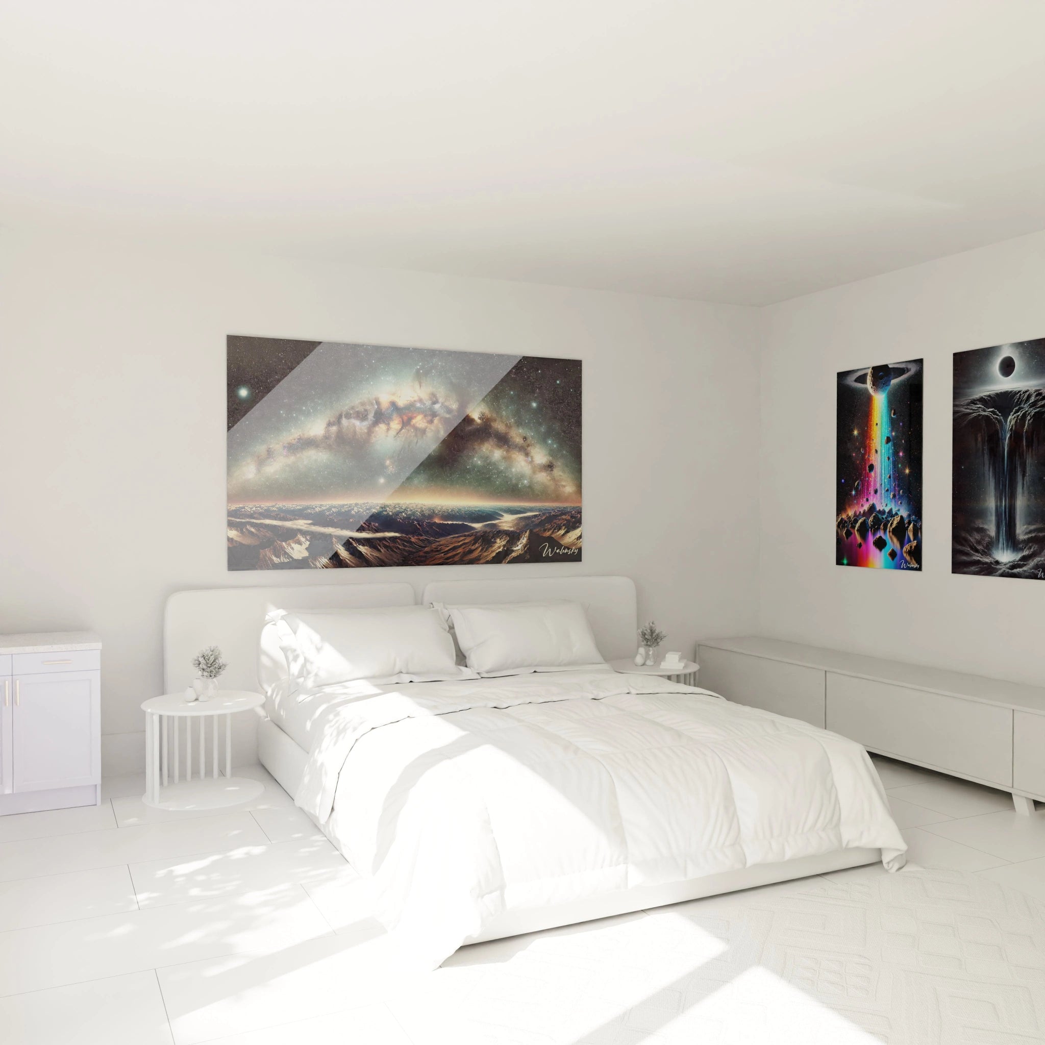 Tableau espace dans une chambre : Accroché au-dessus du lit, ce tableau espace emplit la pièce d'une sérénité cosmique grâce à ses tons marine et or, évoquant une galaxie scintillante et des sommets paisibles.

